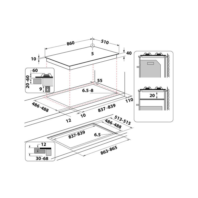 Whirlpool-Piano-cottura-GOA-9523-WH-Bianco-GAS-Technical-drawing
