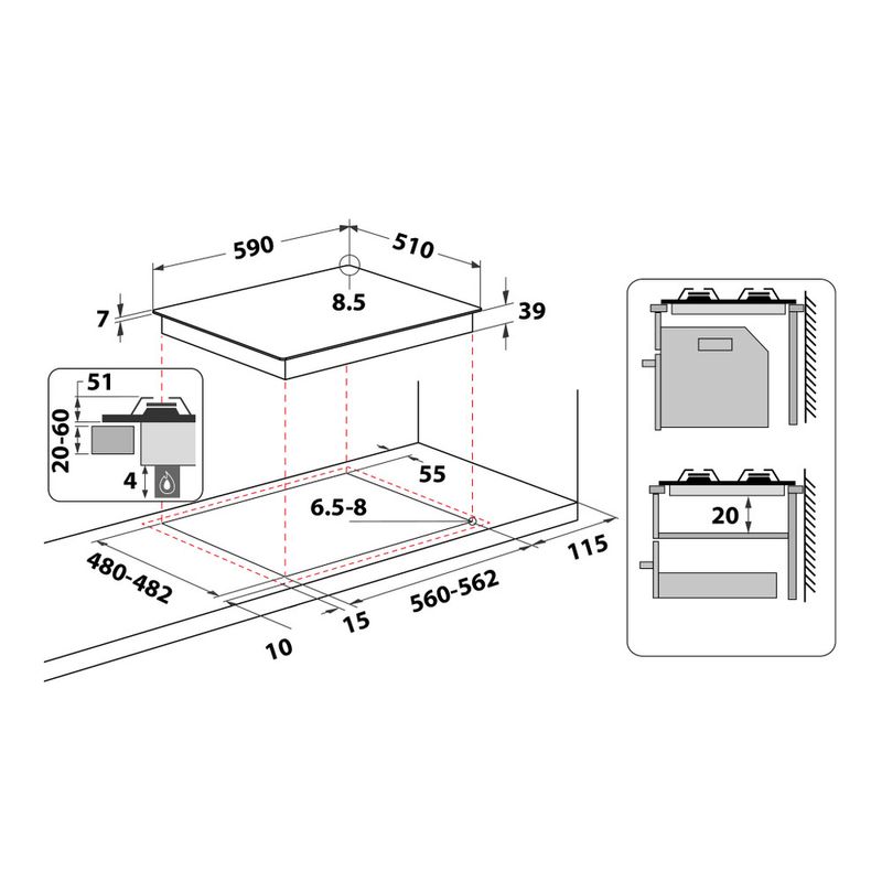 Whirlpool Piano cottura GMA 6414/IXL/01 Inox GAS Technical drawing