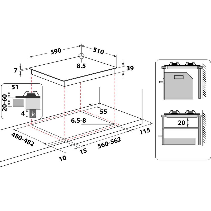 Whirlpool Piano cottura GMR 6422/IXL Inox Ixelium GAS Technical drawing