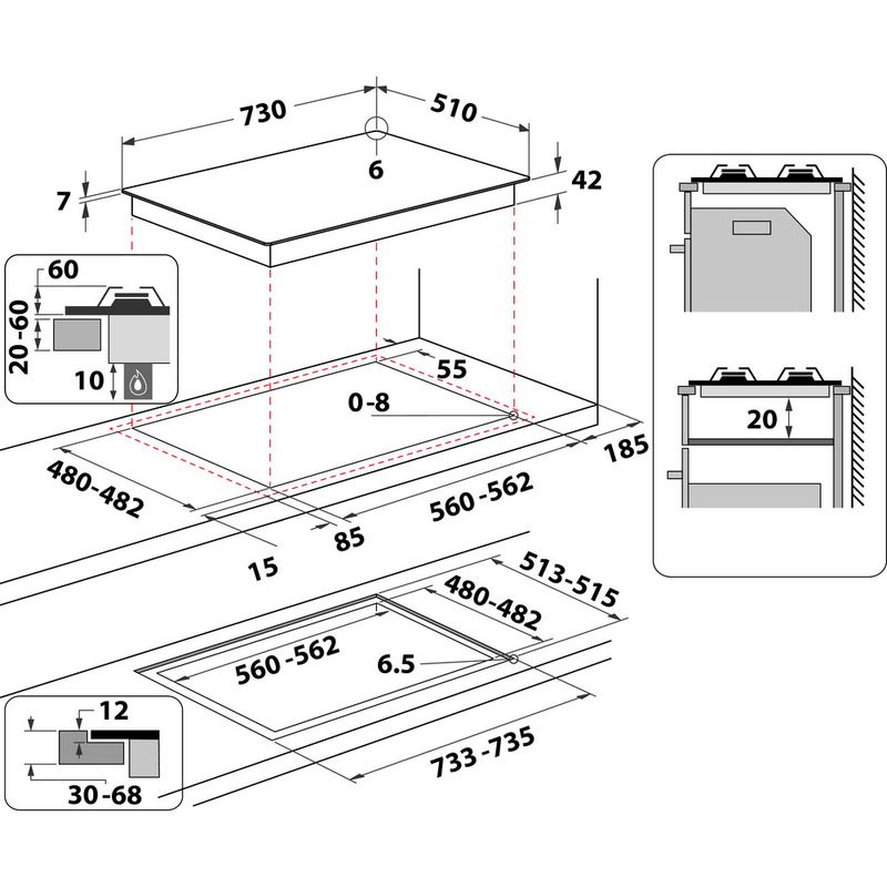 Whirlpool Piano cottura GOWL 758/WH Bianco GAS Technical drawing