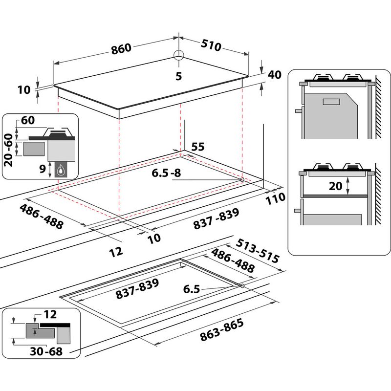 Whirlpool Piano cottura GOWL 958/NB Nero GAS Technical drawing
