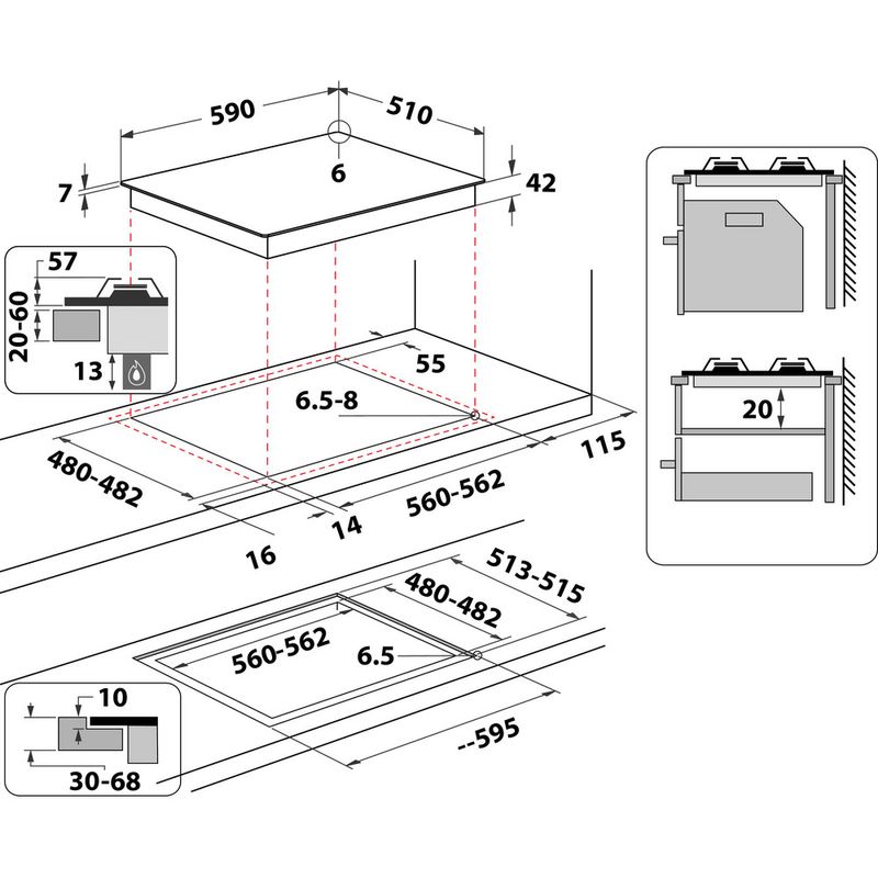 Whirlpool Piano cottura GOWL 628/WH Bianco GAS Technical drawing