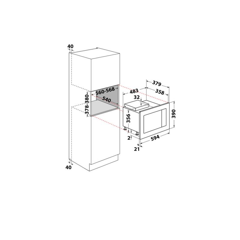 Whirlpool Microonde Da incasso WMF250G Inox Elettronico 25 Microonde + grill 900 Technical drawing