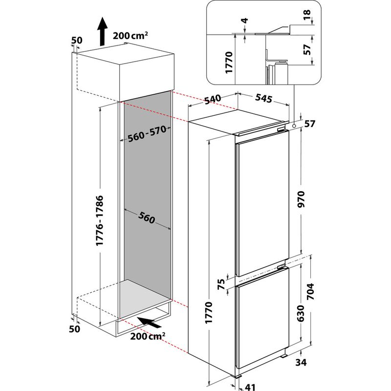 Whirlpool Combinazione Frigorifero/Congelatore Da incasso ART 66102 Bianco 2 porte Technical drawing