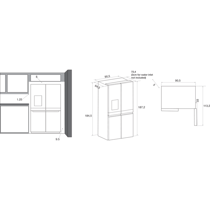 Whirlpool Side by side A libera installazione WQ9I MO1L Inox Technical drawing