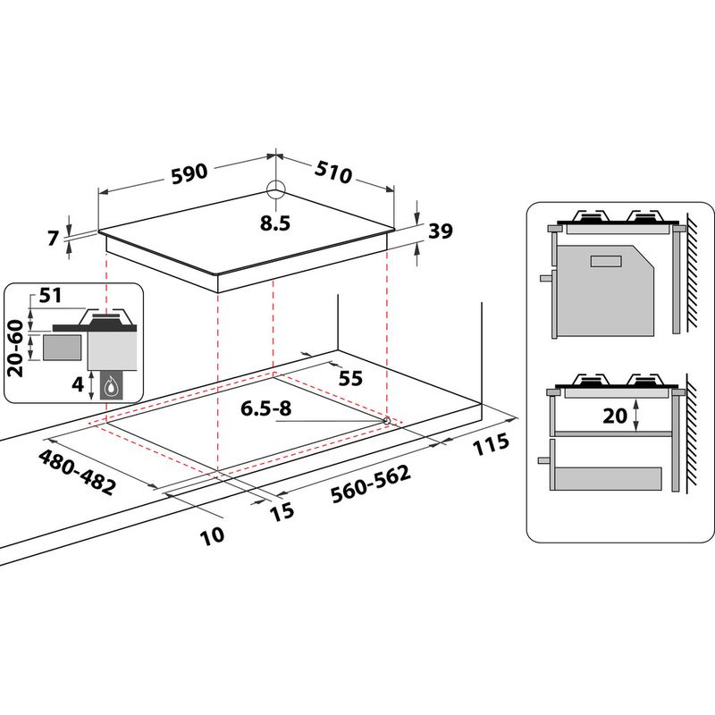 Whirlpool Piano cottura GMAL 6422/IXL Inox GAS Technical drawing