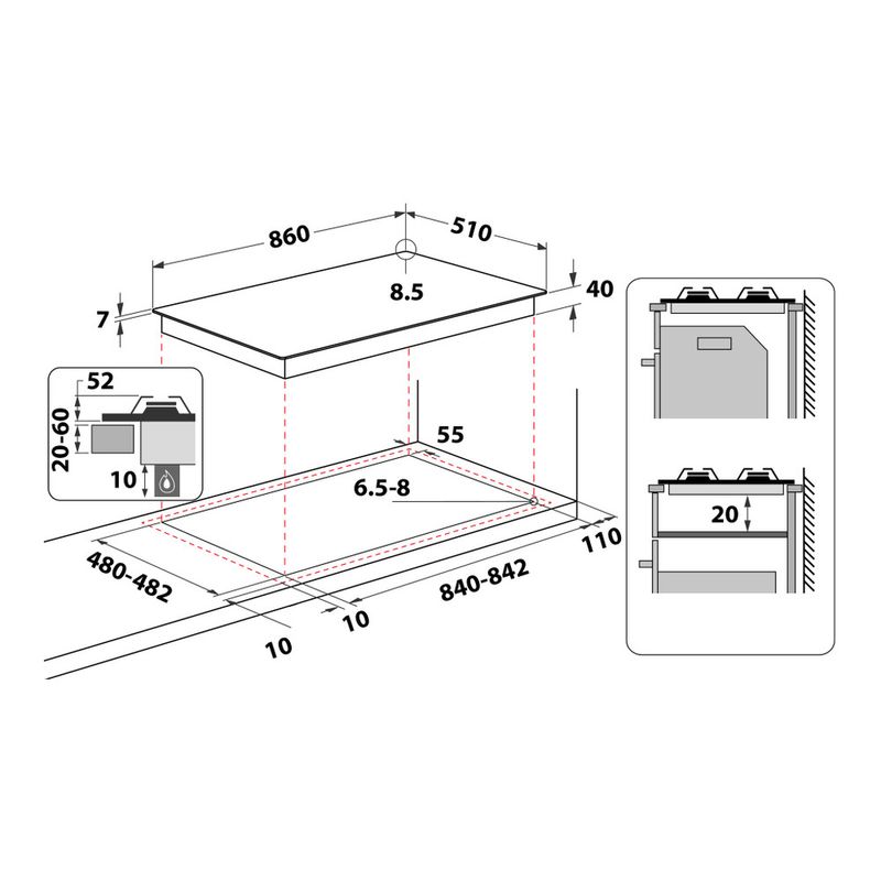 Whirlpool Piano cottura GMAL 9522/IXL Inox Ixelium GAS Technical drawing