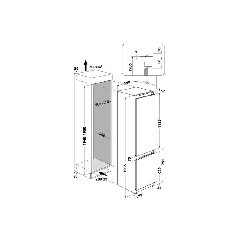 Whirlpool Combinazione Frigorifero/Congelatore Da incasso WHC20 T352 Bianco 2 porte Technical drawing