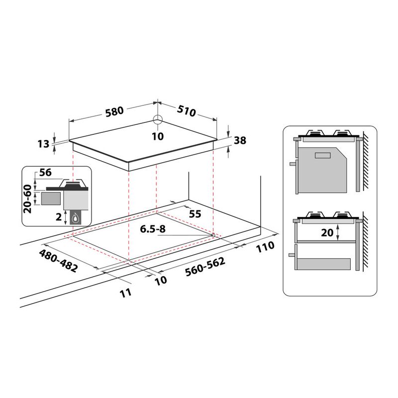 Whirlpool Piano cottura TKRL 650 IX Inox GAS Technical drawing