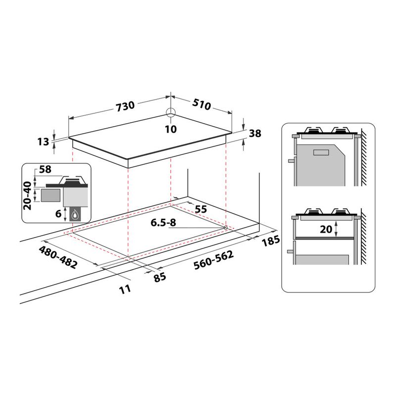 Whirlpool Piano cottura TKRL 751 IX Inox GAS Technical drawing