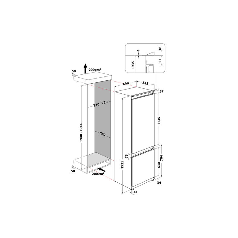 Whirlpool-Combinazione-Frigorifero-Congelatore-Da-incasso-SP40-800-Bianco-2-porte-Technical-drawing