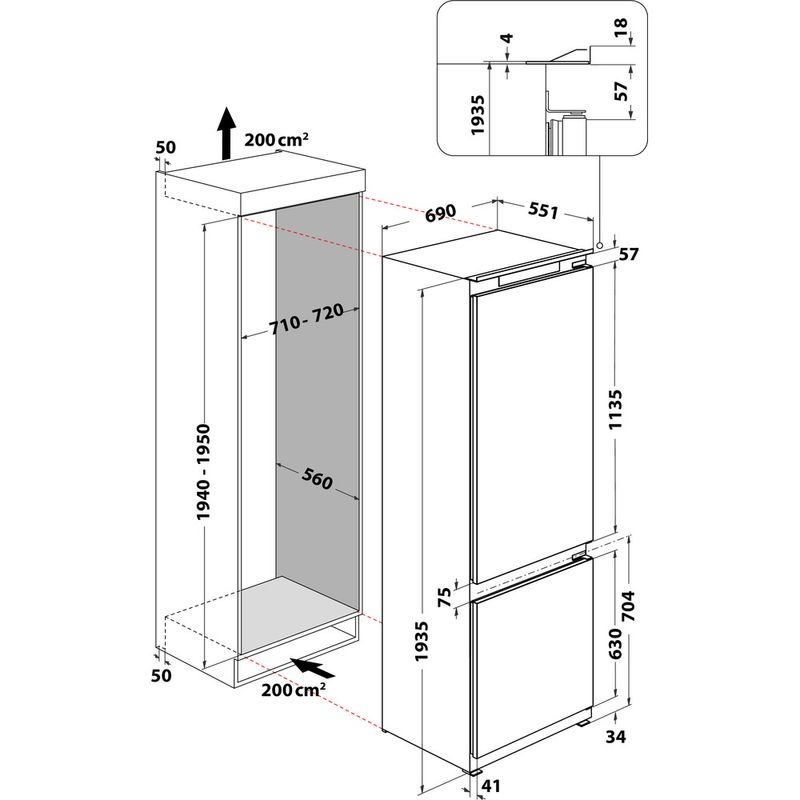 Whirlpool Combinazione Frigorifero/Congelatore Da incasso WH SP70 T122 Bianco 2 porte Technical drawing