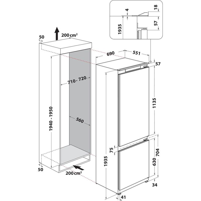 Whirlpool Combinazione Frigorifero/Congelatore Da incasso WH SP70 T121 Bianco 2 porte Technical drawing