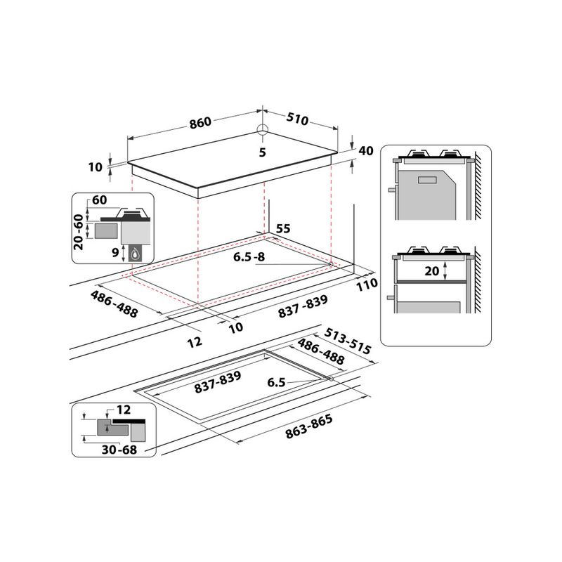 Piano cottura a gas in vetro bianco Whirlpool 5 fuochi GOA 9523/WH  41x840x490mm - Centoducati