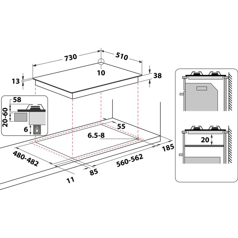 Whirlpool Piano cottura TGML 761 IX R Inox GAS Technical drawing