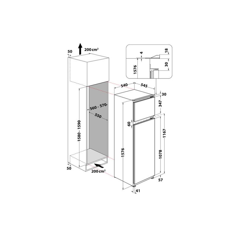 Whirlpool Combinazione Frigorifero/Congelatore Da incasso ART 3672 Bianco 2 porte Technical drawing