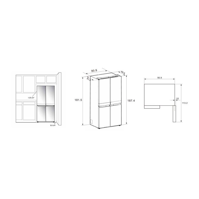 Whirlpool Side by side A libera installazione WQ9 U3L EF Inox Technical drawing