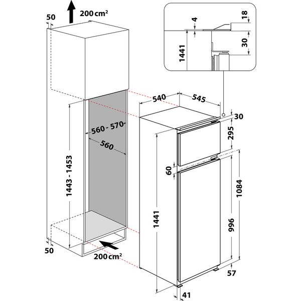 Whirlpool-Combinazione-Frigorifero-Congelatore-Da-incasso-ART-3802-Acciaio-2-porte-Technical-drawing