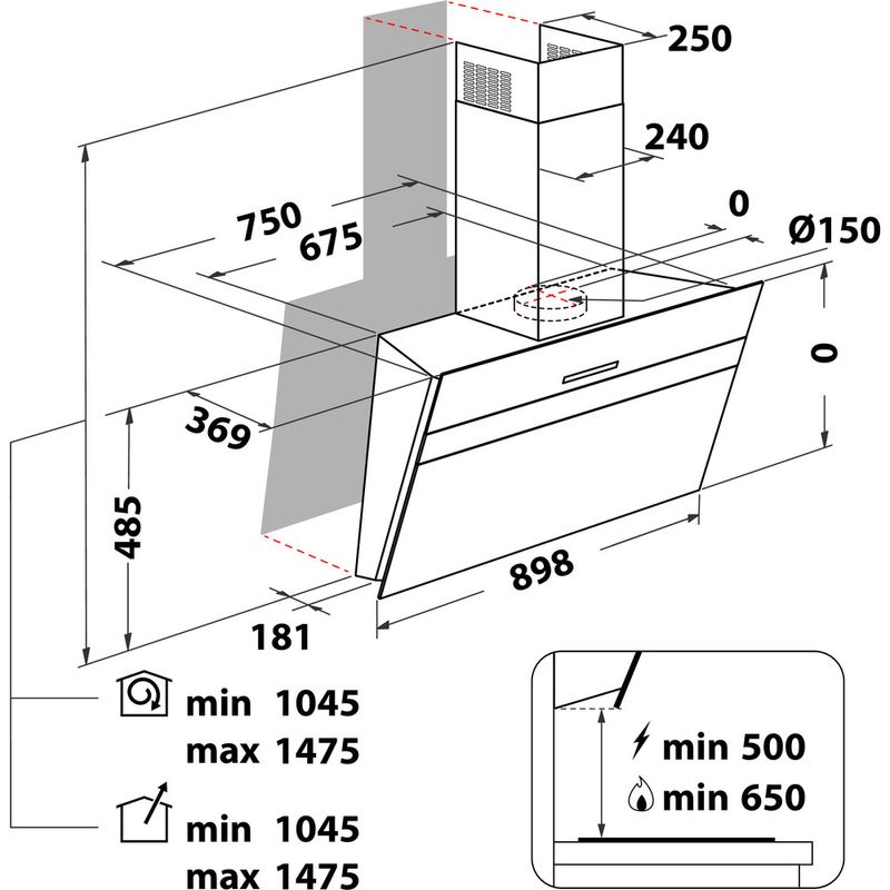 Whirlpool Cappa Da incasso WHVS 91F LT DP K Nero Montaggio a parete Elettronico Technical drawing