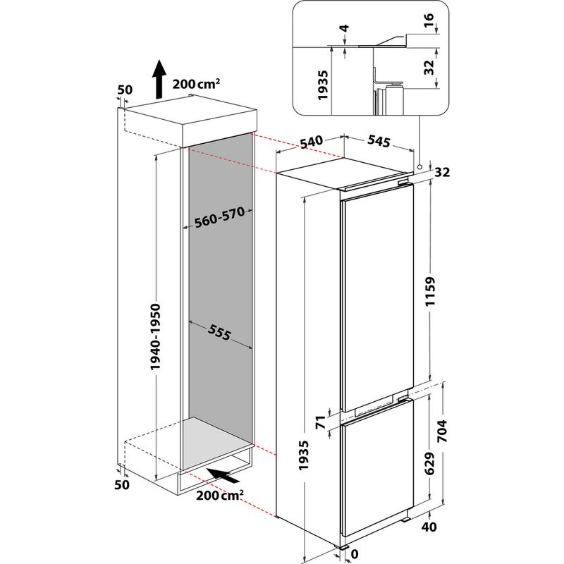 Whirlpool Combinazione Frigorifero/Congelatore Da incasso WHKN 3283 B4E Bianco 2 porte Technical drawing