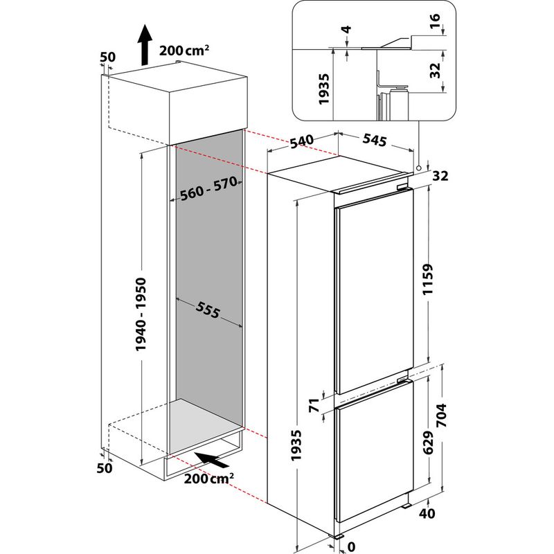 Whirlpool-Combinazione-Frigorifero-Congelatore-Da-incasso-WHKN-3253-B4E-Bianco-2-porte-Technical-drawing